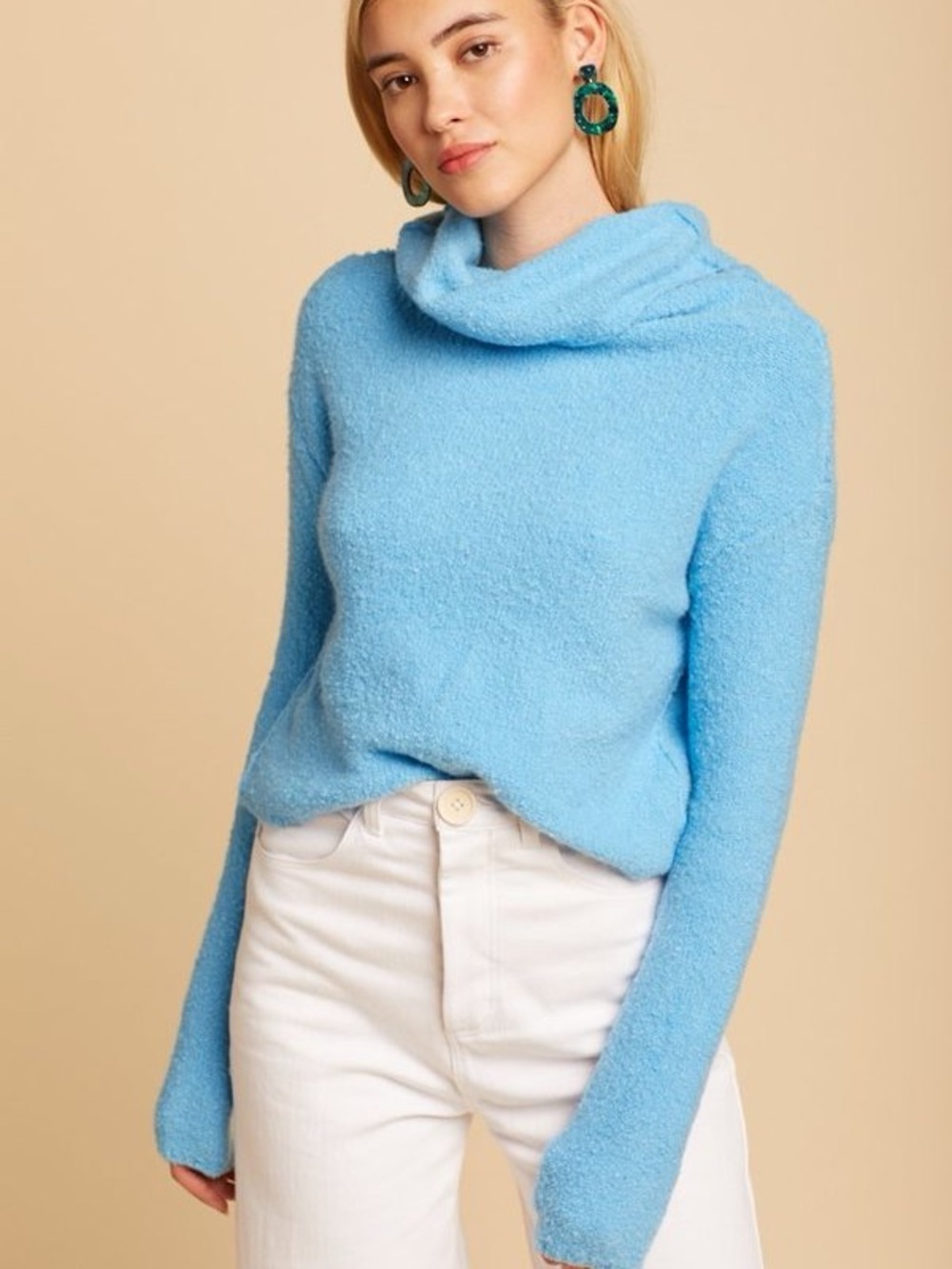 Free People Stormy Pullover Sweater Blue Cowl Neck Fuzzy Large